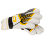 weiße Fußballhandschuhe mit schwarz/gelbem Design