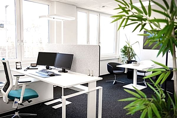 Schreibtisch mit grauer Tischtrennwand in einem Büro